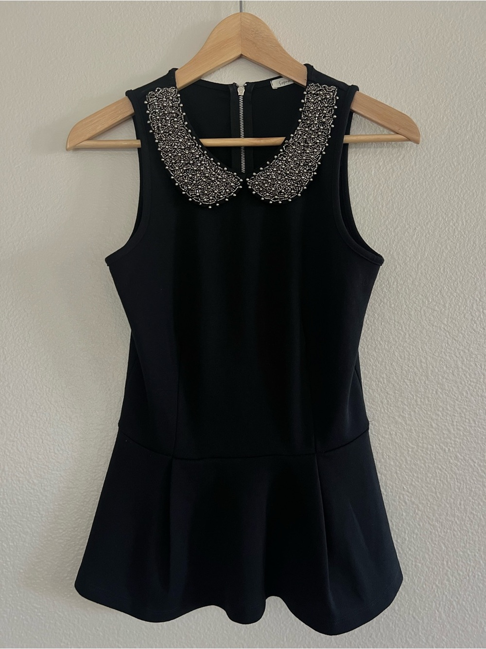 Black Sleeveless Peplum Top with Beaded Peter Pan Collar